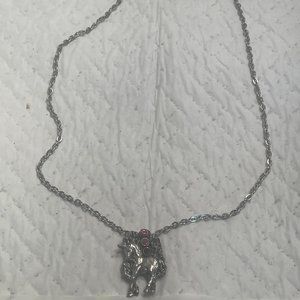 1992 Pewter Unicorn Pink Rhinestone Pendant Necklace